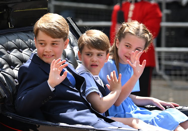 LONDON, ENGLAND - JUNE 02: Prince George, Prince Louis and Princess Charlotte in the carriage proces...