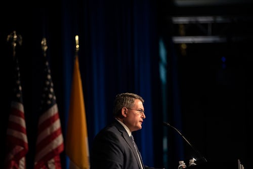 WASHINGTON DC - APRIL 23 Leonard Leo speaks at the National Catholic Prayer Breakfast in Washington ...