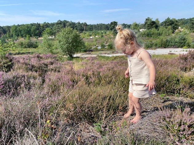 Toddler girl playing in the heath on a warm summer day literary girl names 