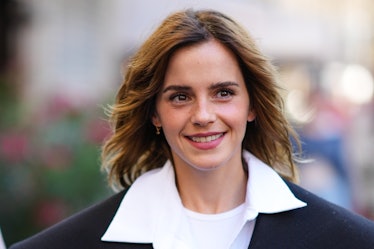 Before Emma Watson's 2022 pixie cut, Emma Watson is seen, outside the Schiaparelli show, during Pari...