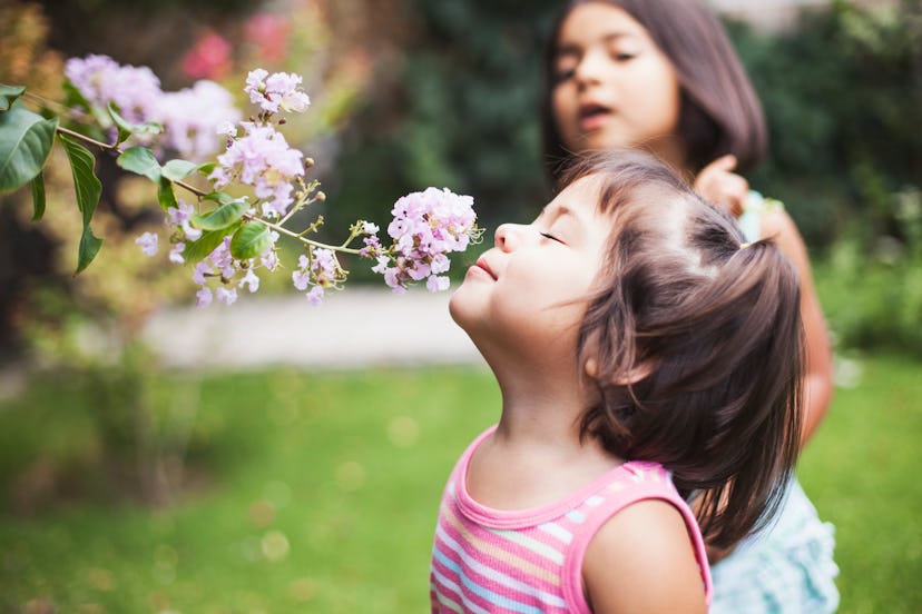 Toddler girl smelling flowers in garden as big sister watching her. Disney baby names like Jasmine.