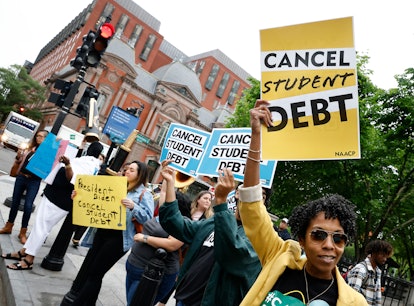 WASHINGTON, DC - MAY 12: Student loan borrowers gather near The White House to tell President Biden ...