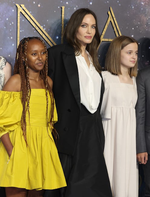 Zahara Jolie-Pitt, Angelina Jolie and Vivienne Jolie-Pitt attend the "Eternals" UK Premiere