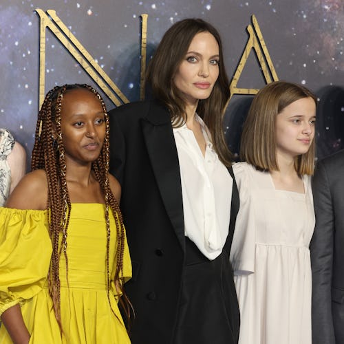 Zahara Jolie-Pitt, Angelina Jolie and Vivienne Jolie-Pitt attend the "Eternals" UK Premiere
