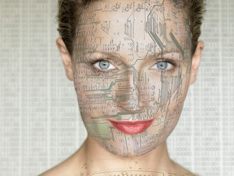 Portrait of woman with computer circuit board lines on face and neck , digital composite