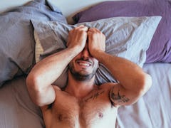 Sexy Man Covering Face In Bed, Sexy Man Lying In Bed, Sexy Man Laying In Bed