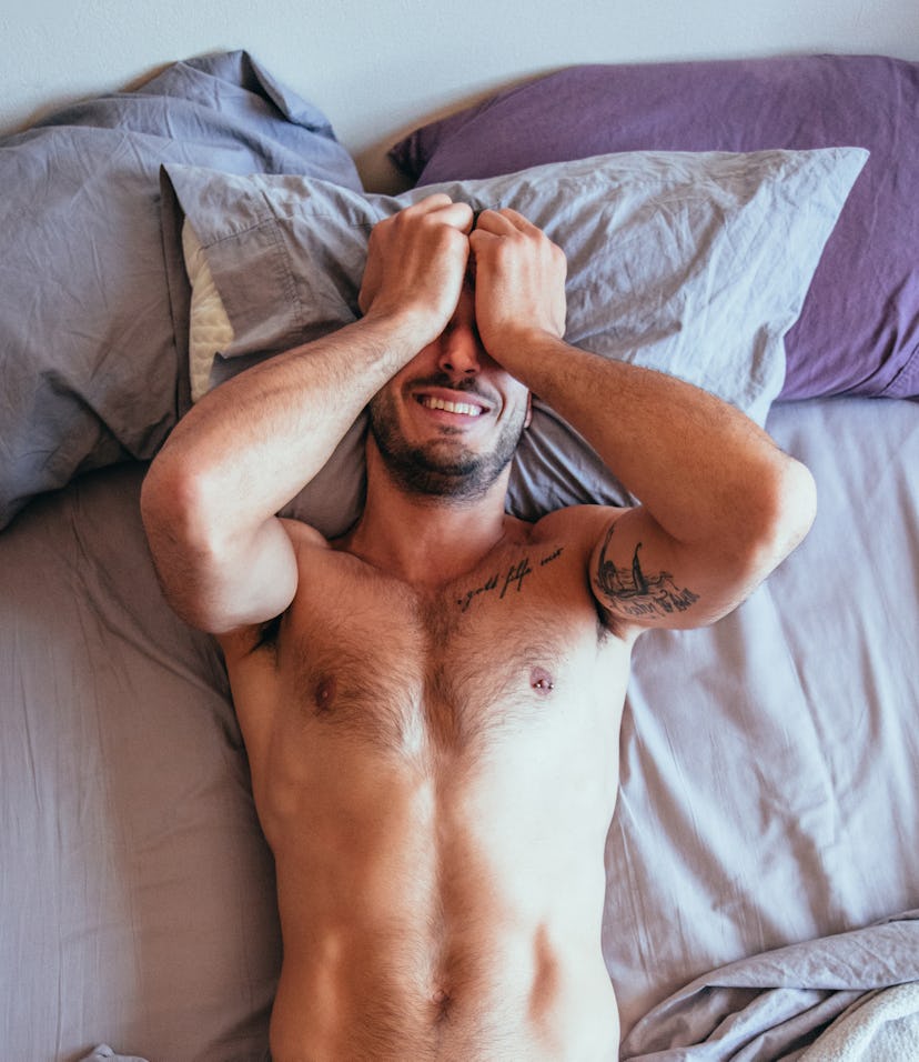 Sexy Man Covering Face In Bed, Sexy Man Lying In Bed, Sexy Man Laying In Bed