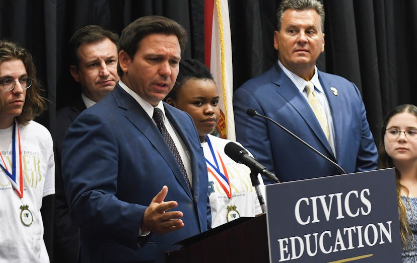 Florida Governor Ron DeSantis speaks at a press conference to discuss Florida's civics education ini...