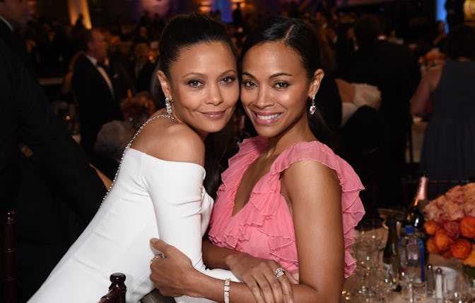 BEVERLY HILLS, CA - JANUARY 08: Actresses Thandie Newton (L) and Zoe Saldana attend the 74th Annual...