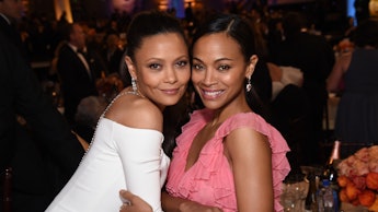 BEVERLY HILLS, CA - JANUARY 08:  Actresses Thandie Newton (L) and Zoe Saldana attend the 74th Annual...