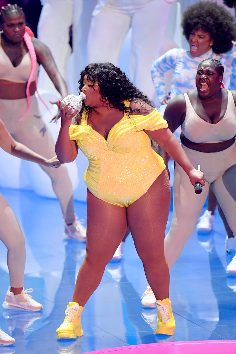 Lizzo performs onstage during the 2019 MTV Video Music Awards at Prudential Center on August 26, 201...