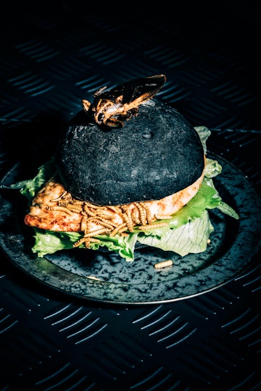 A burger with mealworms, which can be used to make an umami seasoning.