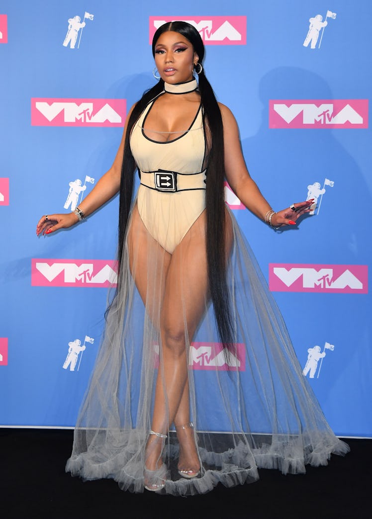US/Trinidadian rapper Nicki Minaj poses in the press room at the 2018 MTV Video Music Awards 