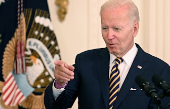 US President Joe Biden speaks during a signing ceremony for the PACT Act of 2022, in the East Room o...