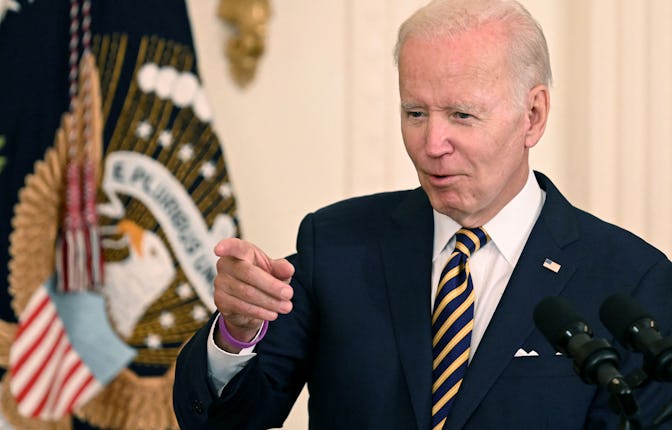 US President Joe Biden speaks during a signing ceremony for the PACT Act of 2022, in the East Room o...