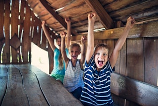 Three kids cheering inside of a tree house. Kids are aged 8 and 11.
