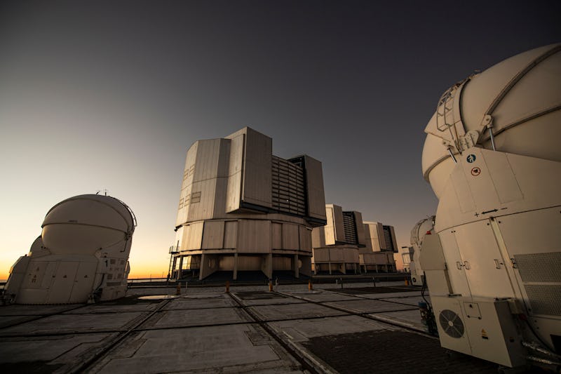 Picture taken after sunset at the platform of the Very Large Telescope (VLT), with its four optical ...