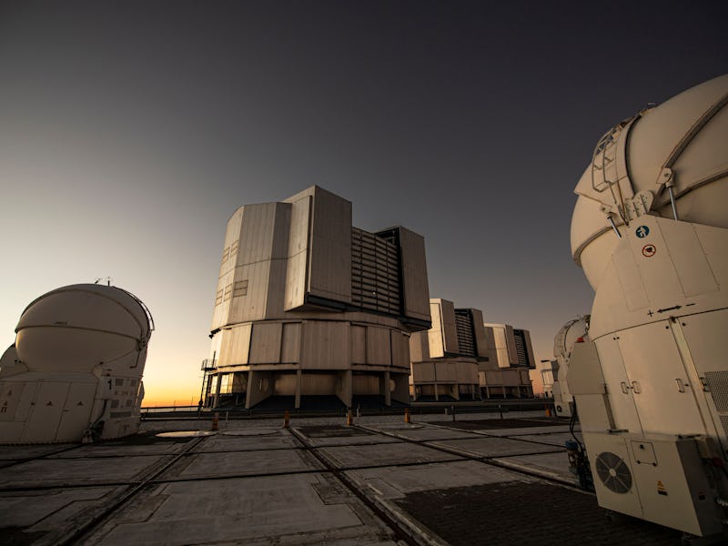 Picture taken after sunset at the platform of the Very Large Telescope (VLT), with its four optical ...