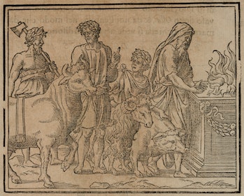 Suovetaurilia, ritual sacrifice of a bull, a sheep and a pig, a priest before the altar (ara), from ...