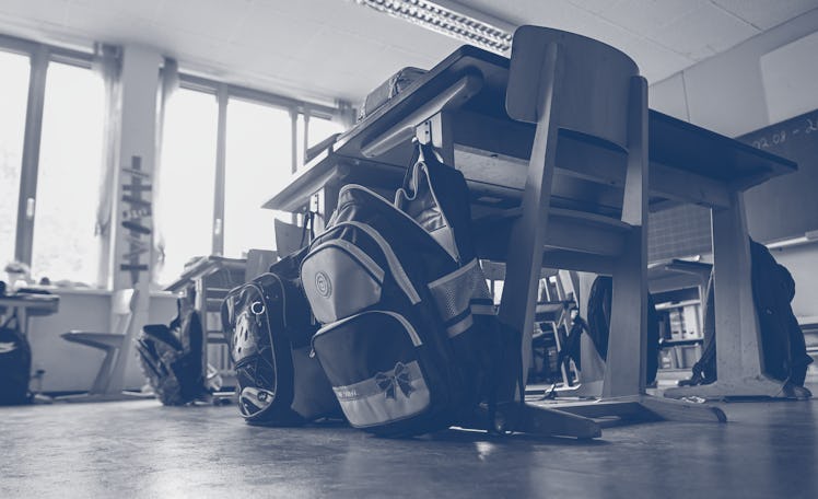 School backpacks at a school lean against desks