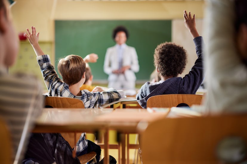 Rear view of schoolboys raising their hands to answer the teacher's question on a class at elementar...