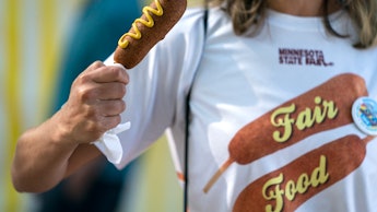 FALCON HEIGHTS, MN - AUGUST 22: A corndog fan posed with a meal that matched her shirt during the fi...