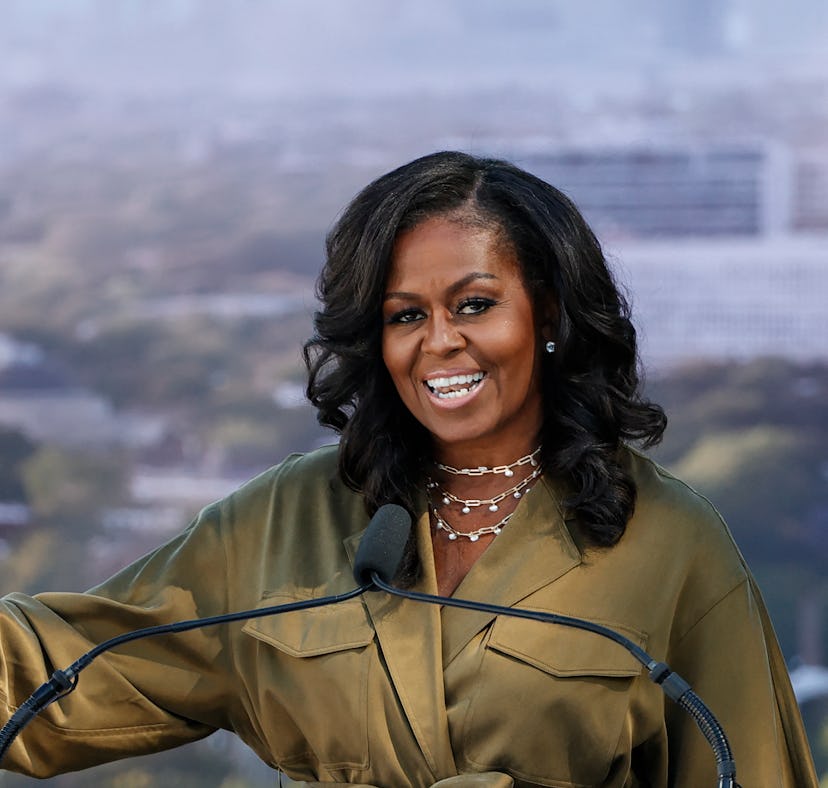 Former US First lady Michelle Obama speaks during the groundbreaking ceremony for the Obama Presiden...