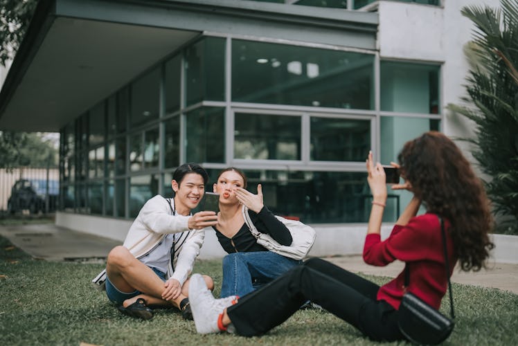 A group of college friends hang out on campus after checking out Headspace's back-to-school collecti...