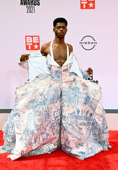 Lil Nas X Style Evolution: the rapper wore gown-like pants to the BET Awards 2021 on June 27, 2021.