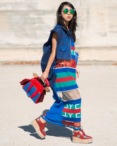 PARIS, FRANCE - OCTOBER 2: Fashion Blogger Yuwei Zhangzou Yuyu wears all CJ Yao, Stella McCartney sh...