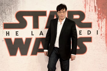 LONDON, ENGLAND - DECEMBER 13:  Benicio Del Toro attends the 'Star Wars: The Last Jedi' photocall at...