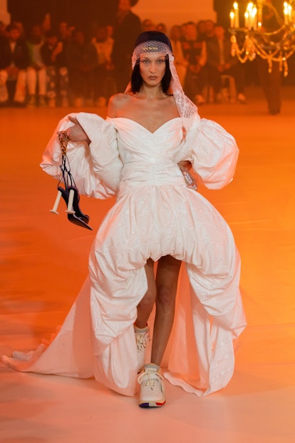 Bella Hadid walks the runway of the Virgil Abloh's final show during the Off-White Womenswear Fall/W...