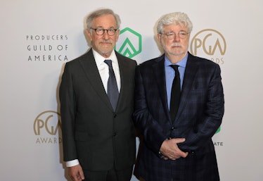 LOS ANGELES, CALIFORNIA - MARCH 19: (L-R) Steven Spielberg and George Lucas attend the 33rd Annual P...