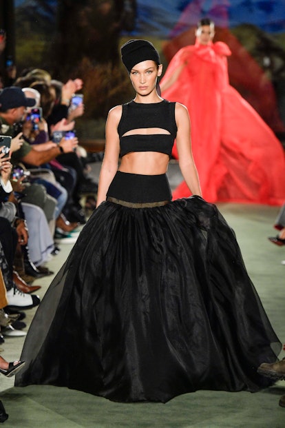 Bella Hadid walks the runway for Brandon Maxwell Ready to Wear Fall/Winter 2020-2021 fashion show du...
