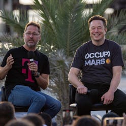 BOCA CHICA BEACH, TX - AUGUST 25: SpaceX founder Elon Musk and T-Mobile CEO Mike Sievert on stage du...