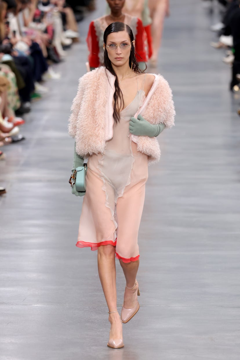 Bella Hadid walks the runway at the Fendi fashion show during the Milan Fashion Week Fall/Winter 202...