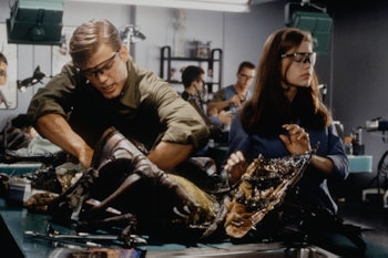 American actors Casper Van Dien and Denise Richards on the set of Starship Troopers, based on the bo...