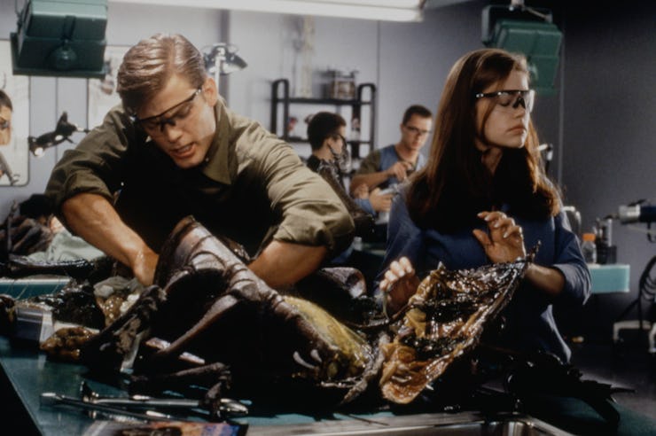 American actors Casper Van Dien and Denise Richards on the set of Starship Troopers, based on the bo...