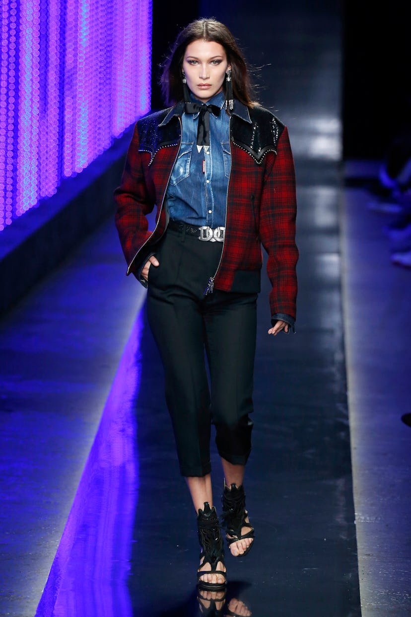 Model Bella Hadid walks the runway at the Dsquared2 show during Milan Men’s Fashion Week Fall/Winter…