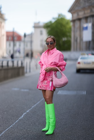 BERLIN, GERMANY - MAY 03: Sonia Lyson seen wearing silver sunglasses from Bottega Veneta, a pink Zar...