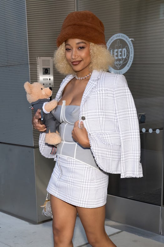Amandla Stenberg is seen leaving Thom Browne Fall 2022 runway show at Javits Center on April 29, 202…