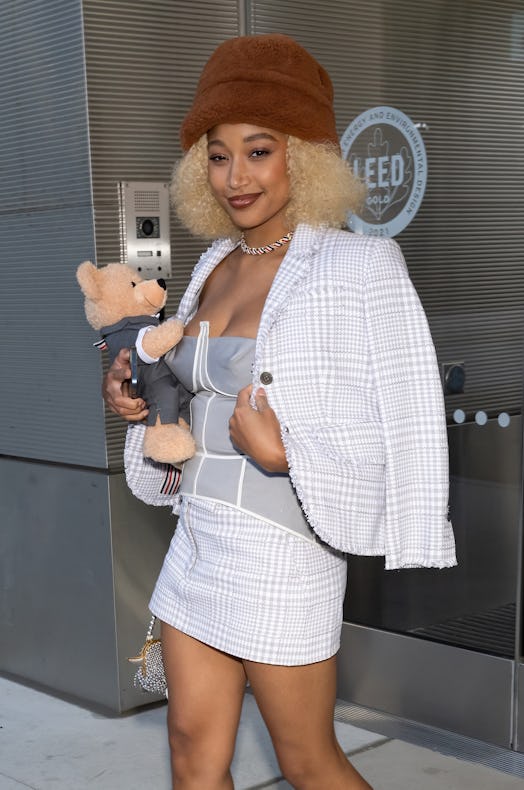 Amandla Stenberg is seen leaving Thom Browne Fall 2022 runway show at Javits Center on April 29, 202...