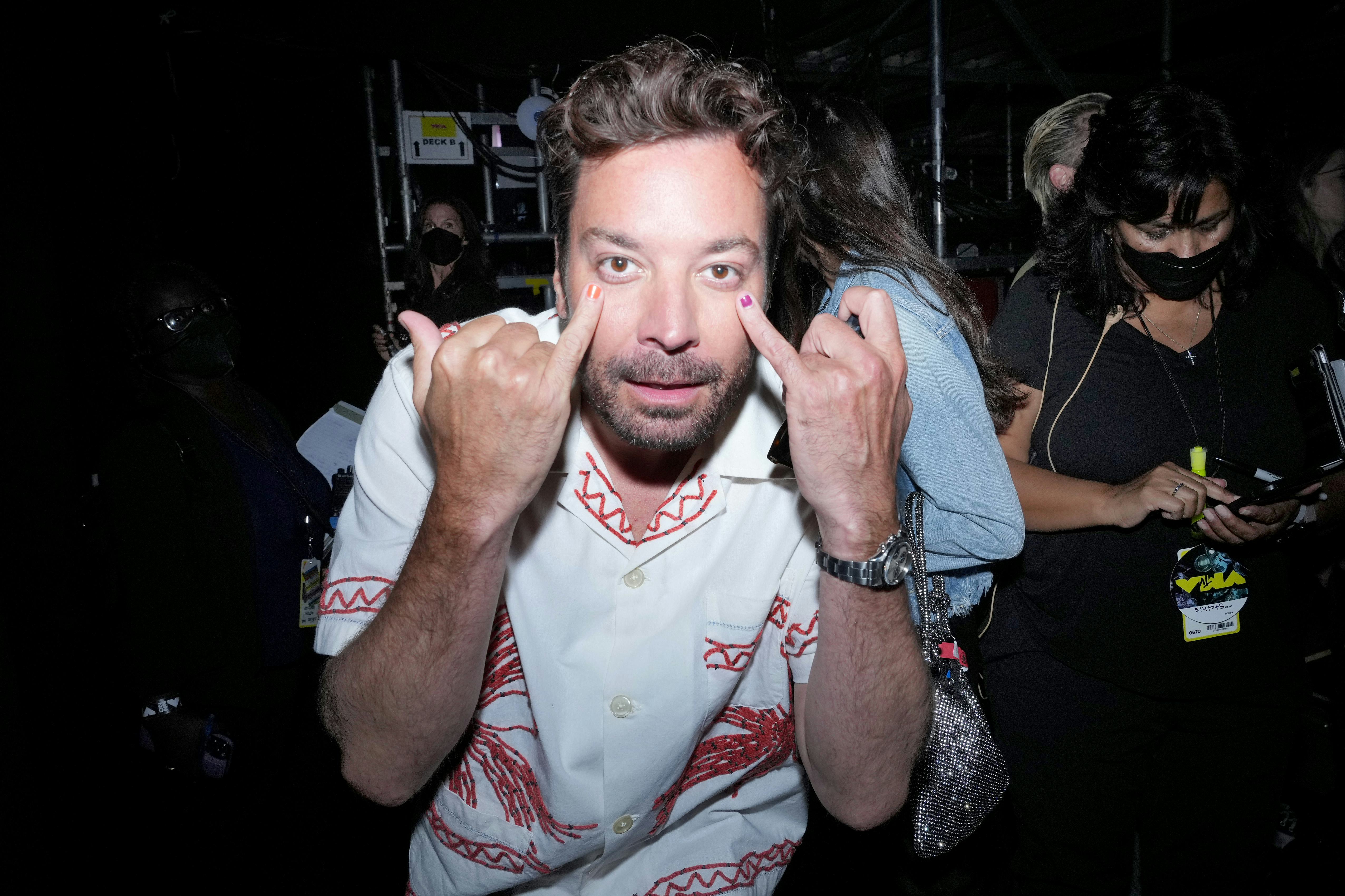 NEWARK, NEW JERSEY - AUGUST 28: Jimmy Fallon is seen backstage at the 2022 MTV VMAs at Prudential Ce...