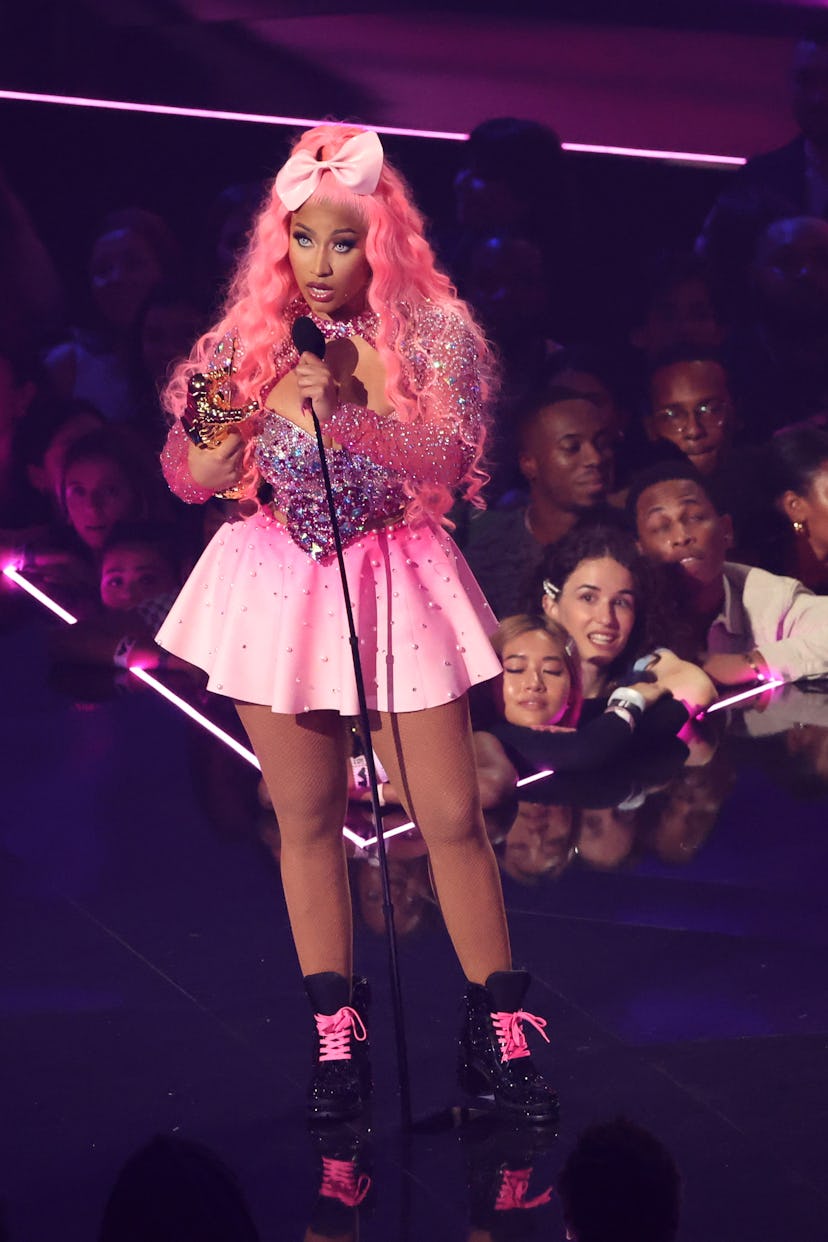 One of Nicki Minaj's outfits at the 2022 VMAs was a Barbiecore-esque miniskirt.