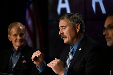 Artemis Mission Manager Mike Sarafin speaks during a press conference at the Kennedy Space Center in...