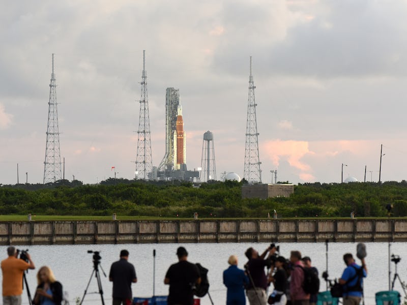 FLORIDA, USA - AUGUST 29: NASAâs Artemis 1 rocket sits at pad 39-B at the Kennedy Space Center hours...