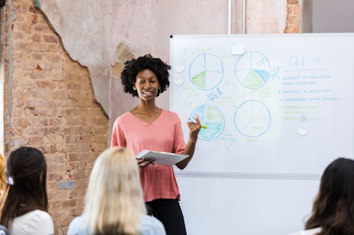The young adult female finance team lead stands at the whiteboard to receive feedback from the team ...
