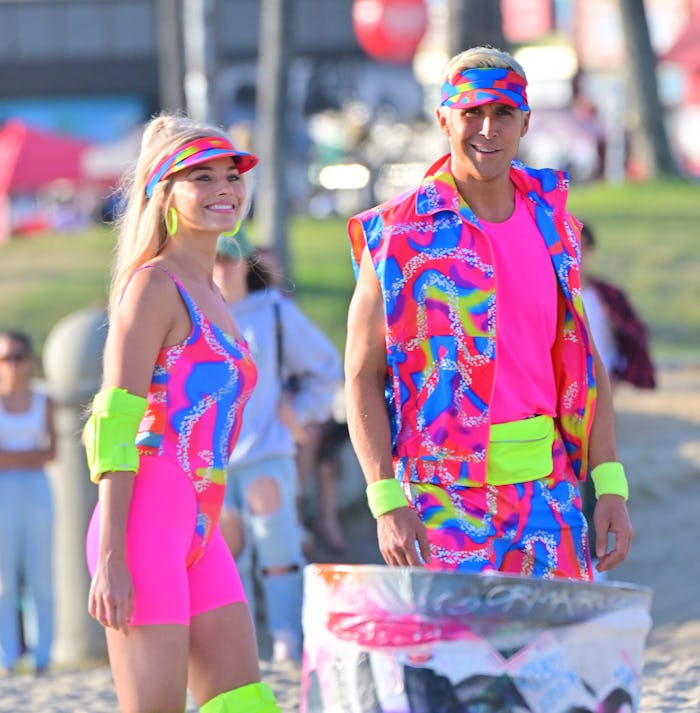 LOS ANGELES CA - JUNE 27:  Margot Robbie and Ryan Gosling film new scenes for 'Barbie' in Venice Cal...