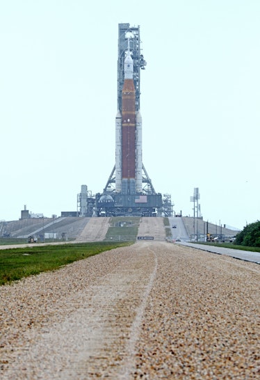 Photo of rocket atop crawler.