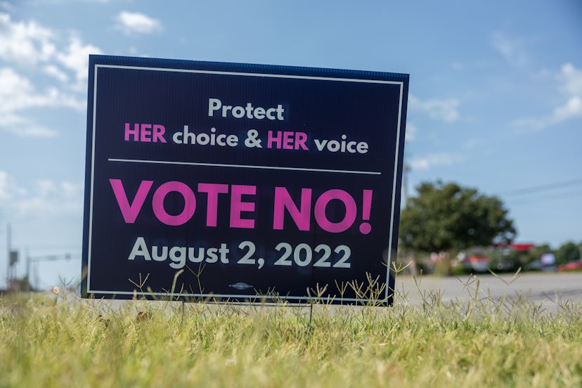 Wichita, United States- August 2: A pro-choice election sign is seen in Wichita, Kansas on Tuesday A...